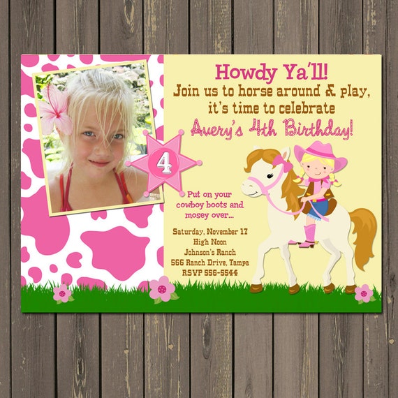 Cowgirl Birthday Invitation, Cowgirl Party Invite, Girls Western Invitation, Horse party invitation, Pony Party, Photo invitation Il_570xn