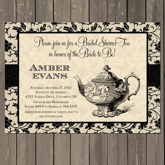 Bridal Shower Tea Invitation, Black and Cream Bridal Tea Party Invite, Bridal Shower Brunch in Black and Cream, Printable or Printed Il_570xn