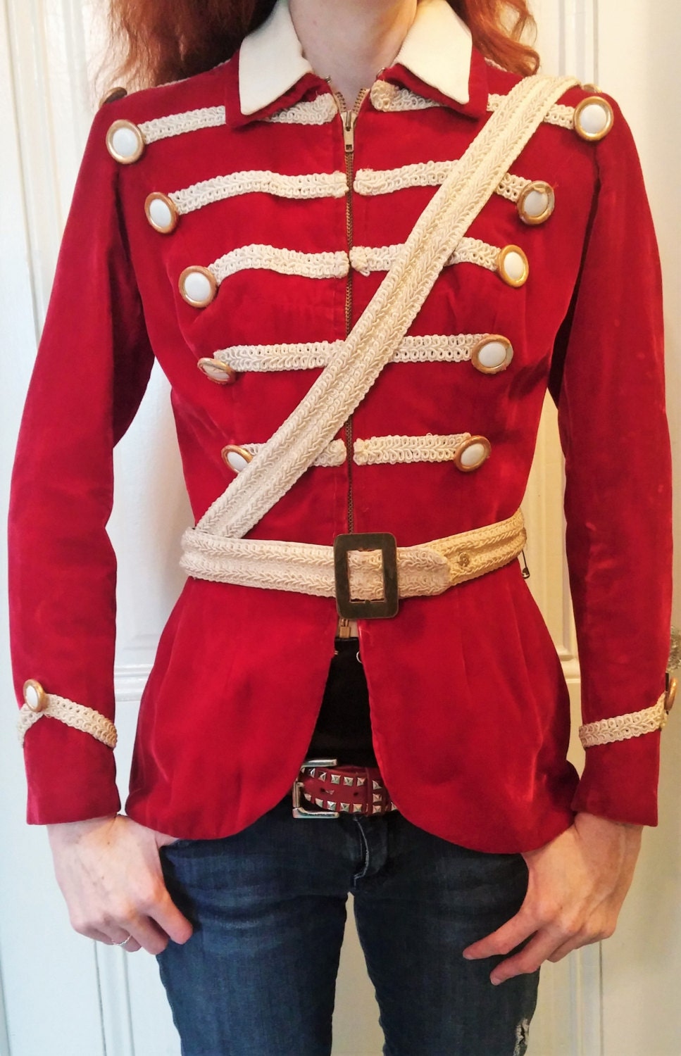 Vintage Marching Band Jacket Red Velvet Gold Buttons Sash
