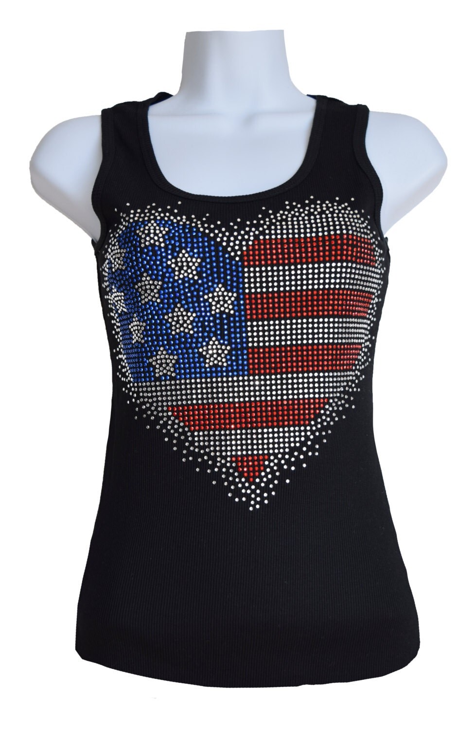 American flag Heart Rhinestone crystal Tank top Shirt Blacks