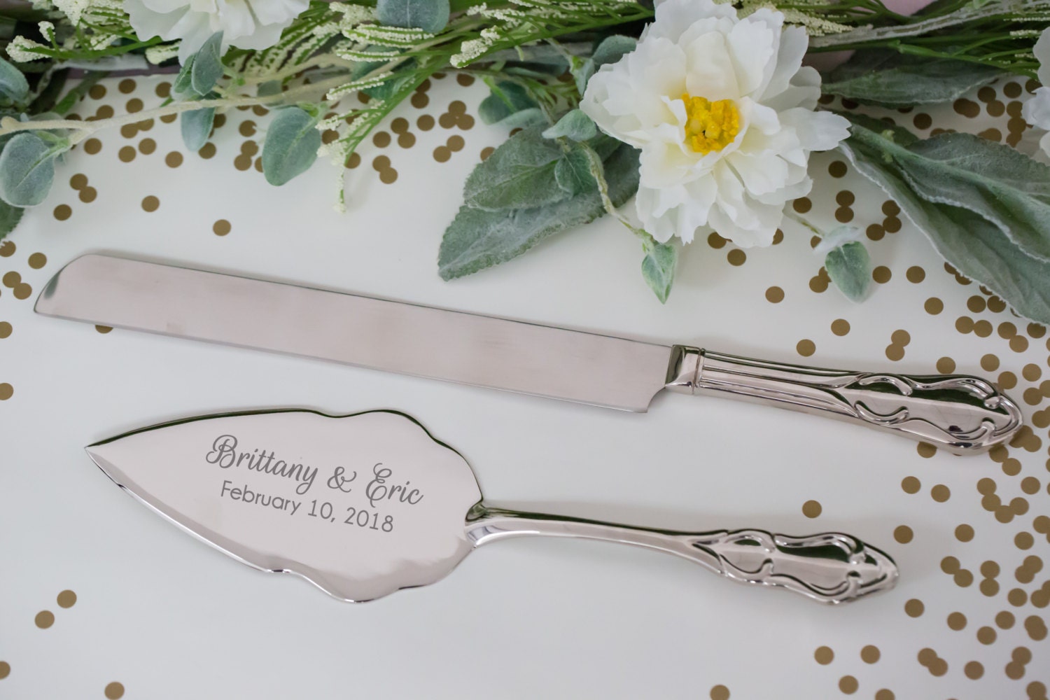 Personalized Silver Wedding Cake Knife and Server Set 2pc