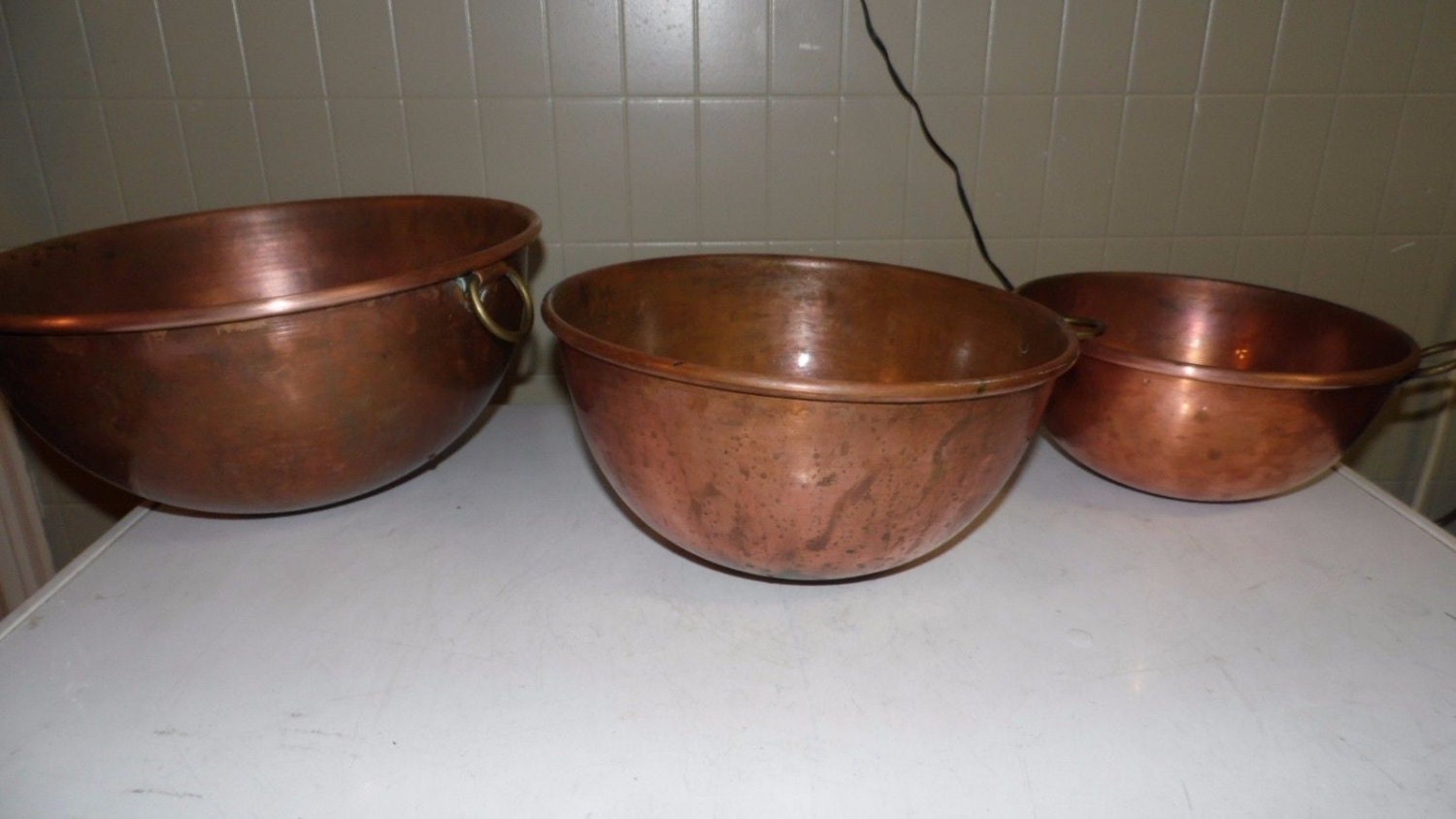 Antique Heavy Copper Brass Handles Mixing Bowls by FabulousFinds1