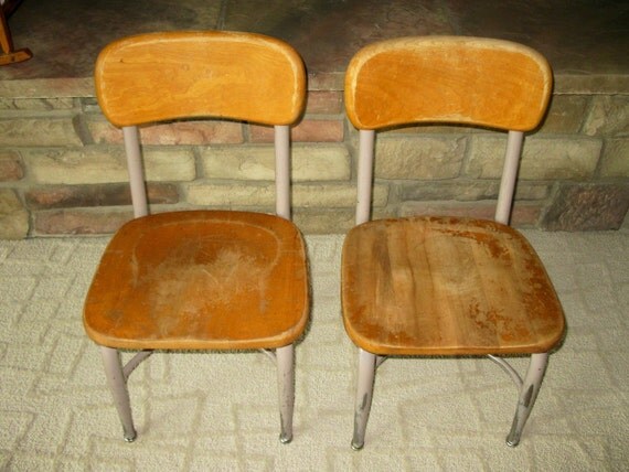 HEYWOOD WAKEFIELD set of 2 mid century Wood School Chairs