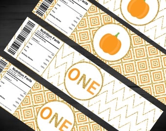 Pumpkin Birthday Water Bottle Labels - Our Little Pumpkin is Turning ONE - Orange - Gold Glitter - First Birthday - Chevron - 2 x 8 Inches