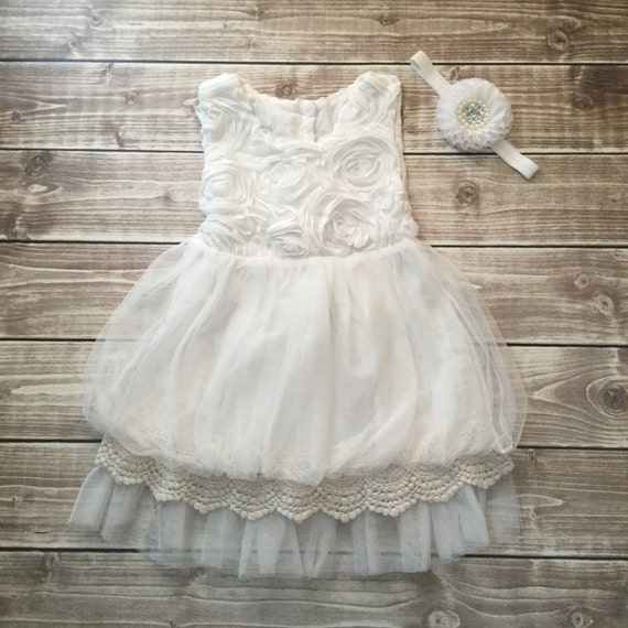 Soft white flower girl dress rosette dress by BabyLiloHairBoutique