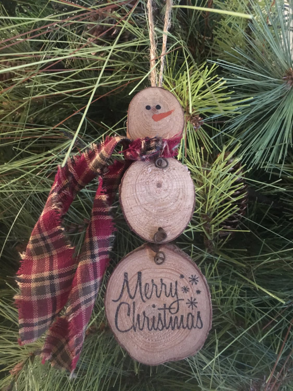 Primitive Christmas Natural Wood Slice Snowman Ornament