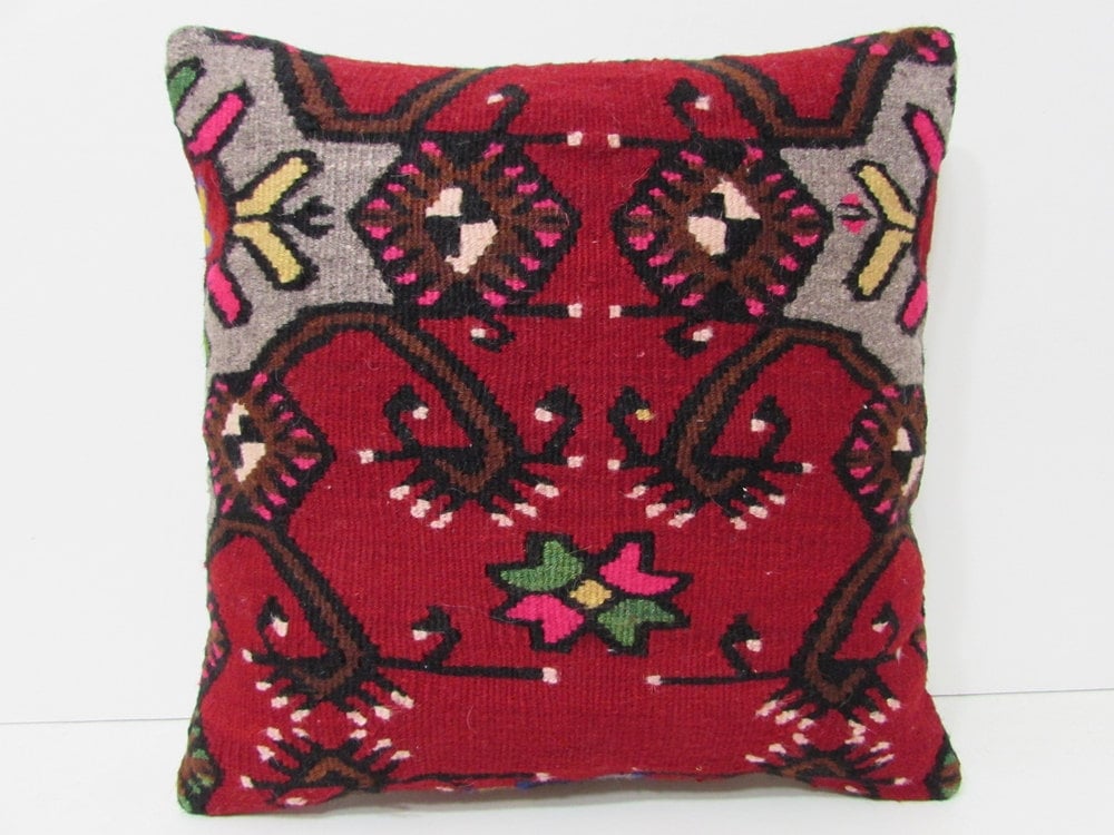 red kilim pillow floral throw pillow 18x18 by DECOLICKILIMPILLOWS
