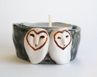 Barn Owls Candle Holder Black and White