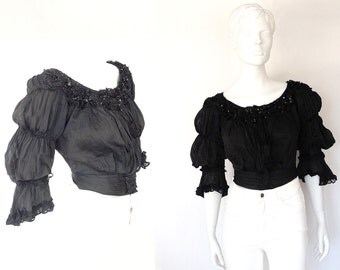 The Emily Brontë Antique Vintage Blouse Jacket Silk Mousseline Black Beaded Layered Jacket S: Late 1800’s Top, Waist Coat, Shirt Blouse