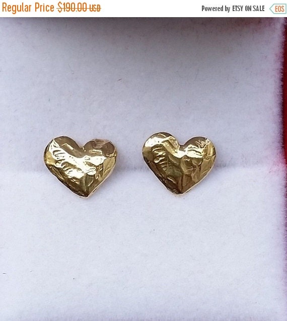 On Sale Gold Earrings 14K Yellow Gold Jewelry Stud Gold Earrings Heart Handmade Artisan Crafted ...