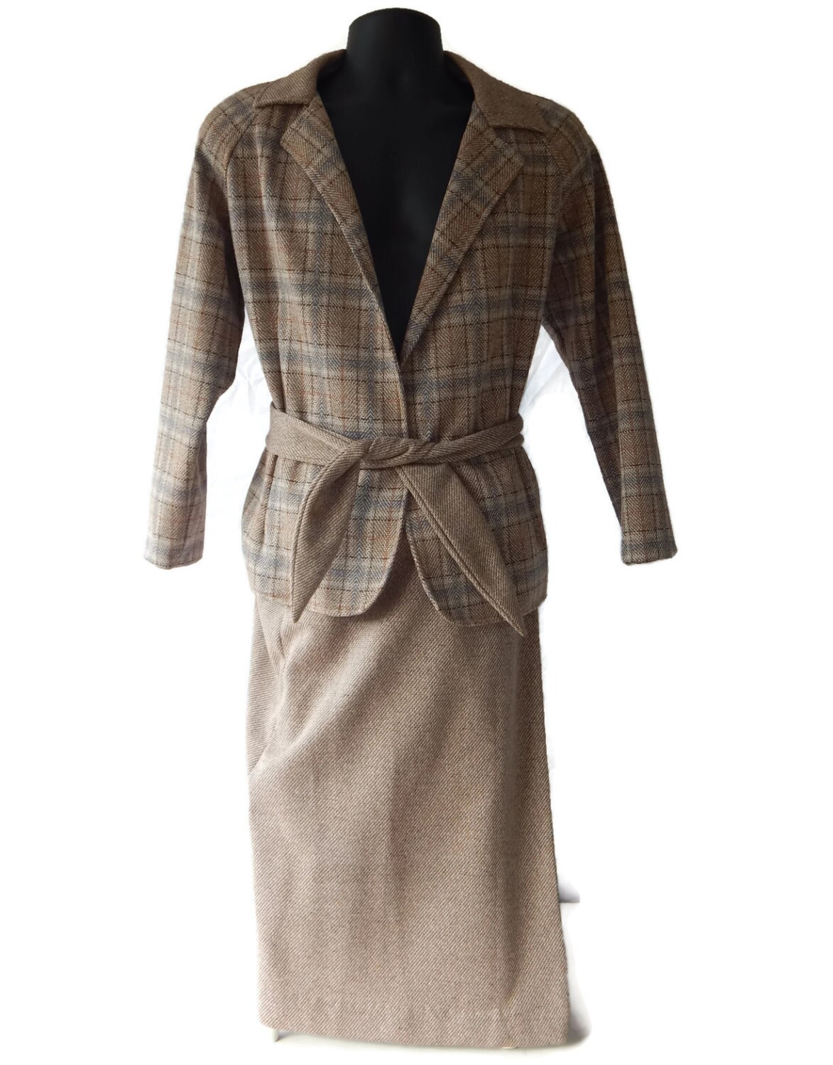 Women's Suit Wrap Around Belted Jacket Skirt Tan Plaid