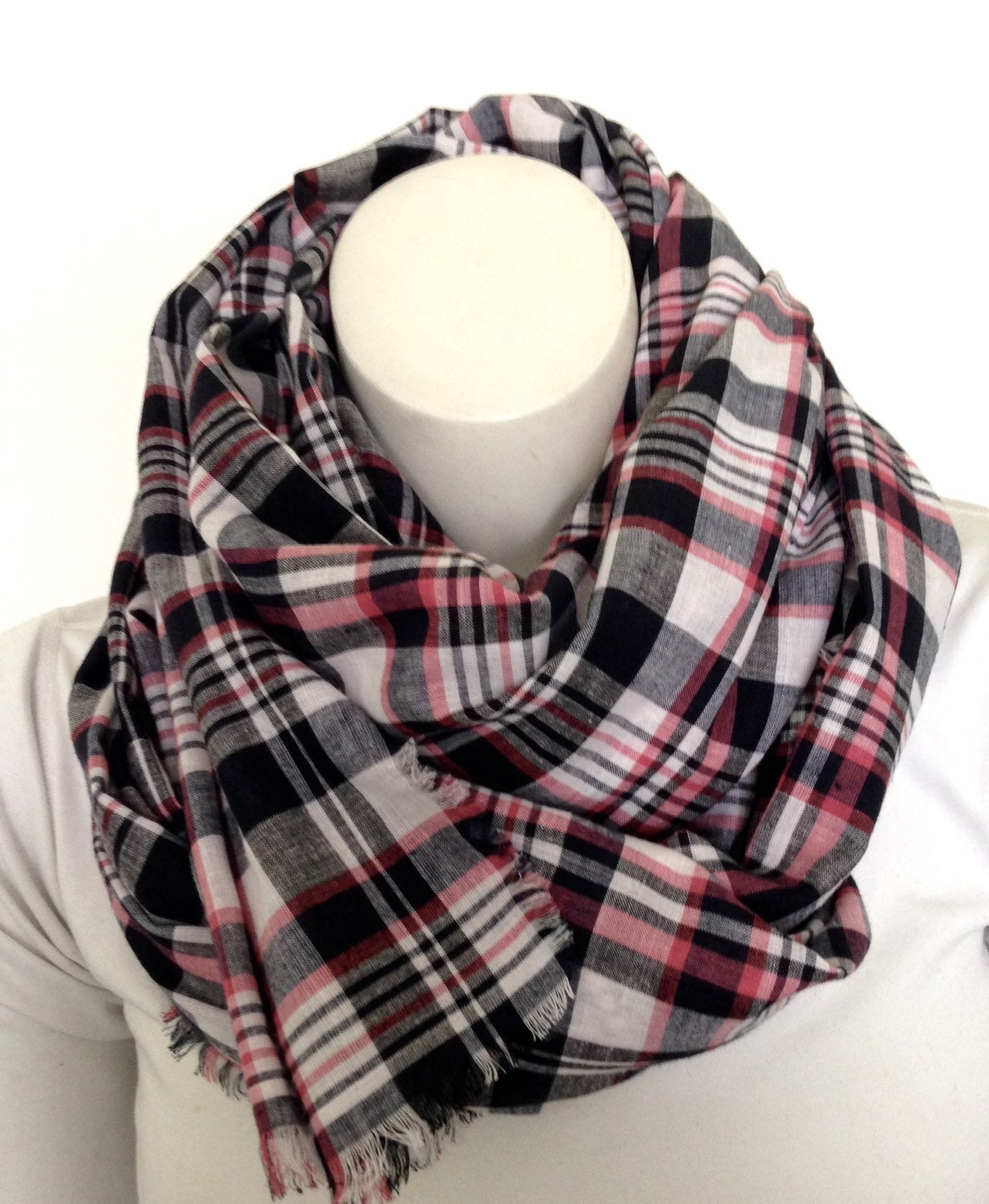 Summer Plaid Cotton Scarf Navy and Coral Plaid Scarf