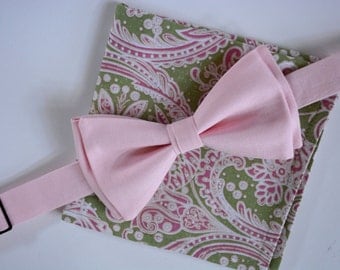 sage green and pink paisley pocket square,mens bow tie, pink bow tie,floral hankie,grooms hankies,handkerchief