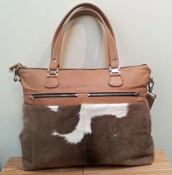 Cowhide leather handbag in tan and grey made with New Zealand