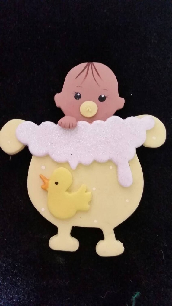 Baby shower cake topper yellow and white baby in the tub cake