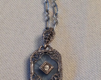 Antique Deco Blue Camphor Glass & Rhinestone Filigree Pendant on paperclip chain