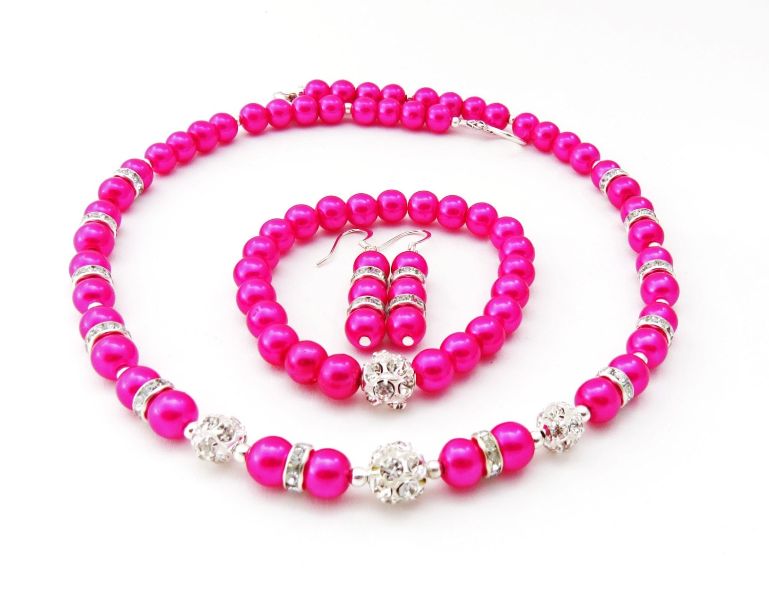 Bridesmaid Necklace Hot Pink Pearl Necklace Set by crystaljemscouk