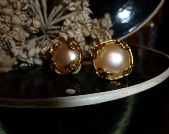 1995 CHANEL Earrings Clip on Logo France Pearls