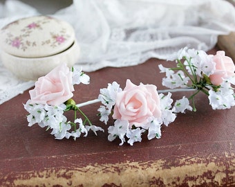 Baby's Breath & Pink Rose Bobby Pins, Rustic Chic Hair Piece, Boho Hair Clips, Woodland Hair Pins, Wedding Bobby Pins, Baby's Breath Hairpin