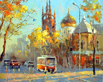 Canvas Large Wall Art - Frunze, autumn — Landscape Oil Painting On Canvas By Dmitry Spiros. Artwork, Size: 28" x 28" (70cm x 70m)