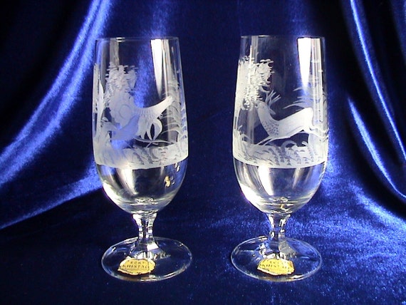 Rare German Etched Crystal Sherry Copita with a grouse and