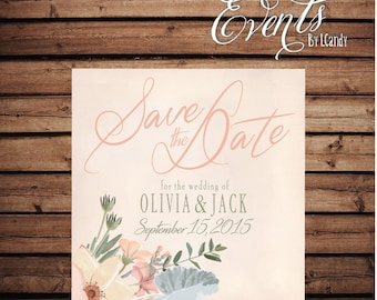 Printed Square Wedding Save-the-Date Postcard - rustic floral with peach 212