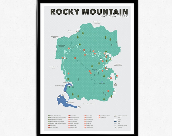 Rocky Mountain National Park Map, Rocky Mountains, Outdoors print, Explorer Wall Print