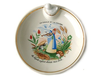 French vintage baby dish food warmer in porcelain. Baby shower. Baby gift. Infant feeding dish. Fable of Ant and Grasshopper