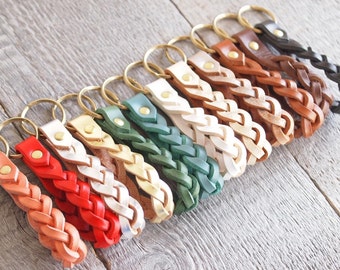 Braided Leather Keychain,Brass W ring & rivet