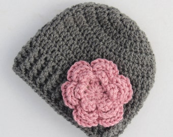 Baby hat, crochet baby hat, baby girl hat, grey and pink, girl winter hat, infant hat, crochet beanie, baby beanie - MADE TO ORDER