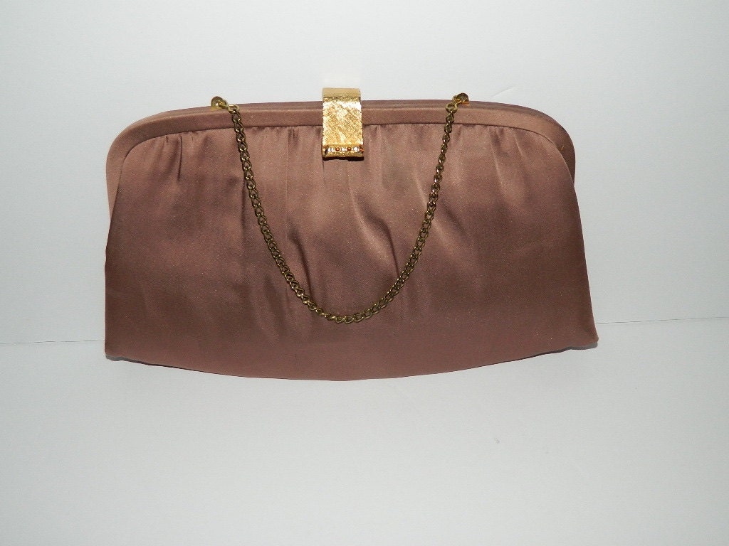 Vintage 1960s Taupe Evening Bag with Rhinestone Clasp