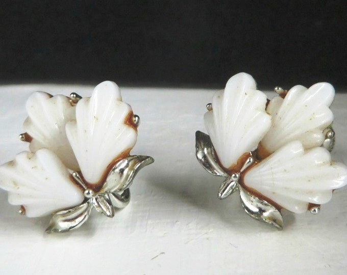 White Thermoset Earrings, Vintage Longcraft Flower Silver Tone Screw Back Earrings Summer Jewelry Gift for Her