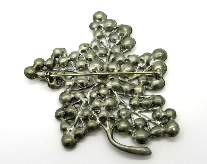 Rhinestone Large Leaf Brooch, Vintage Silver Tone Rhinestone Leaf Pin