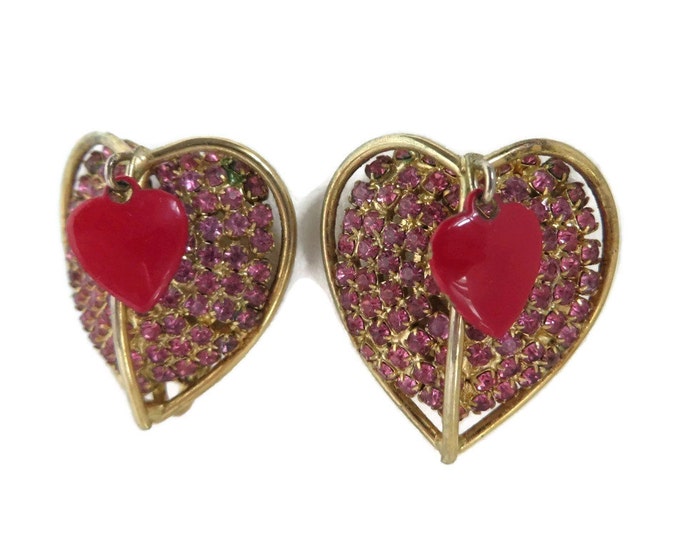 Vendome Rhinestone Heart Earrings, Vintage Pink Rhinestone, Red Enamel Double Heart Clip-on Earrings
