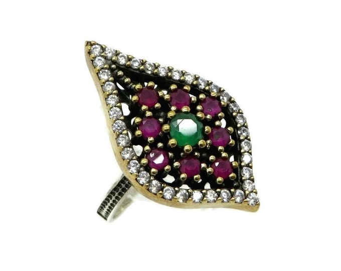 Vintage Ruby, Emerald and CZ Ring, Two Tone Sterling Silver Statement Ring, Size 7
