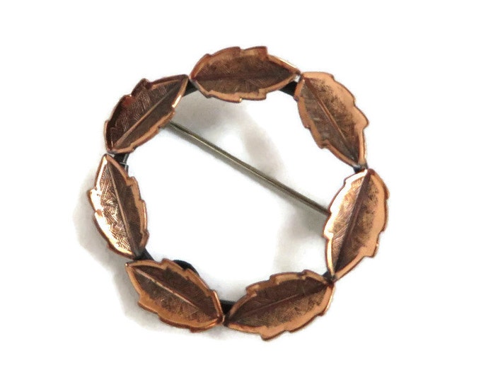 Copper Circle Brooch, Vintage Copper Leaf Pin, Copper Wreath Brooch, Genuine Copper Jewelry, Bell Copper