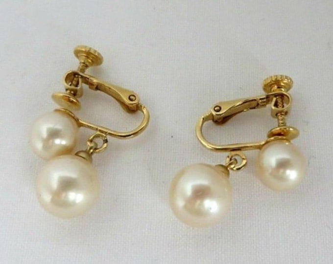 Marvella Pearl Earrings, Vintage Gold Tone Dangling Faux Pearl Clips, Bridal Jewelry
