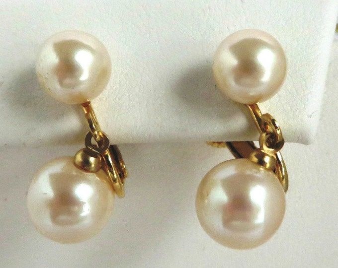 Marvella Pearl Earrings, Vintage Gold Tone Dangling Faux Pearl Clips, Bridal Jewelry