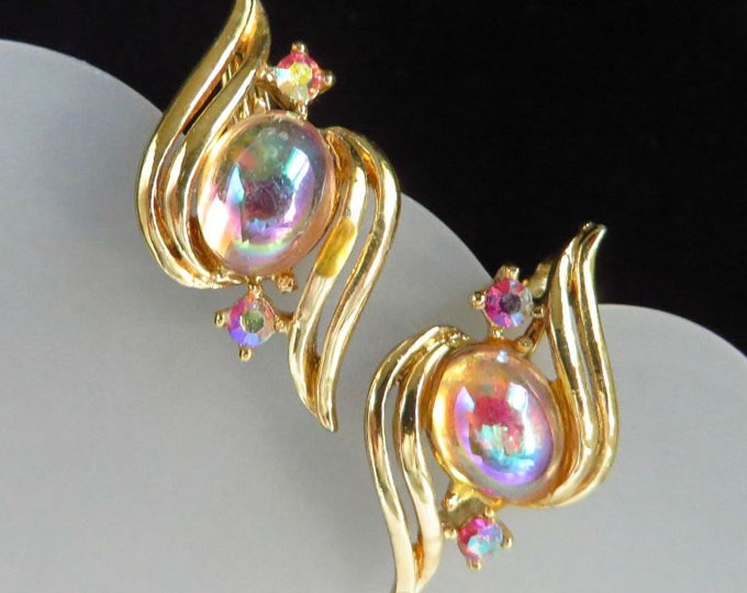 Moonstone Earrings, Rhinestone Clip-ons, Vintage Coro Jewelry, Dainty Earrings, Gift for Her