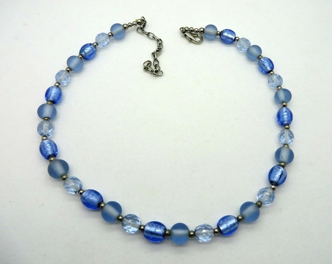 ON SALE! Blue Glass Bead Necklace, Vintage Glass, Plastic, Metal Beaded Choker
