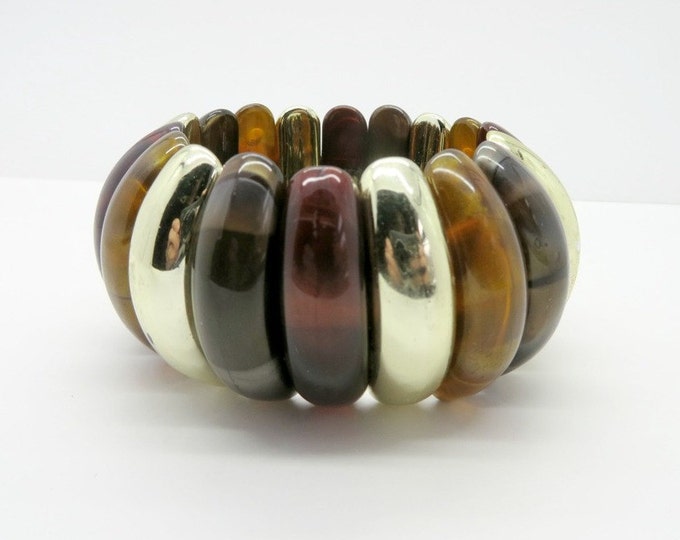 ON SALE! Amber Lucite Bracelet, Vintage Expansion Bracelet, Tortoise Shell, Amber, Silvertone Bracelet, Chunky Bracelet