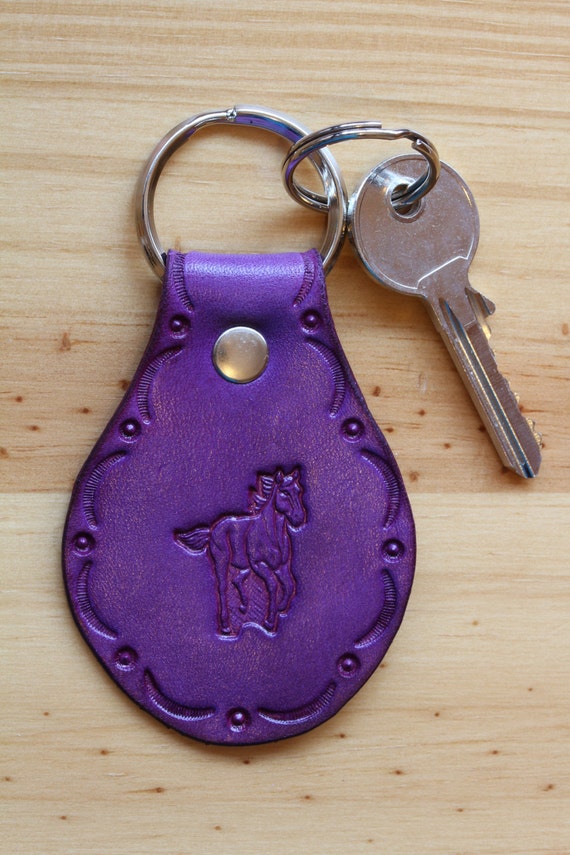 Running Horse Keychain, Hand Tooled Leather Key Fob, Horse Keyring, Choice of Purple, Brown or