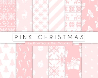 Pink Christmas digital paper, background, christmas tree, stars, snowflakes girly background for Commercial Use