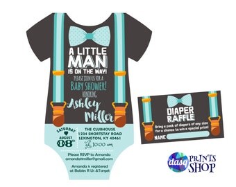Little Man Baby Shower Invitation - Onesie Invitation - Shower invitation Baby Boy on this way Bow Suspenders Tie Diaper Raffle