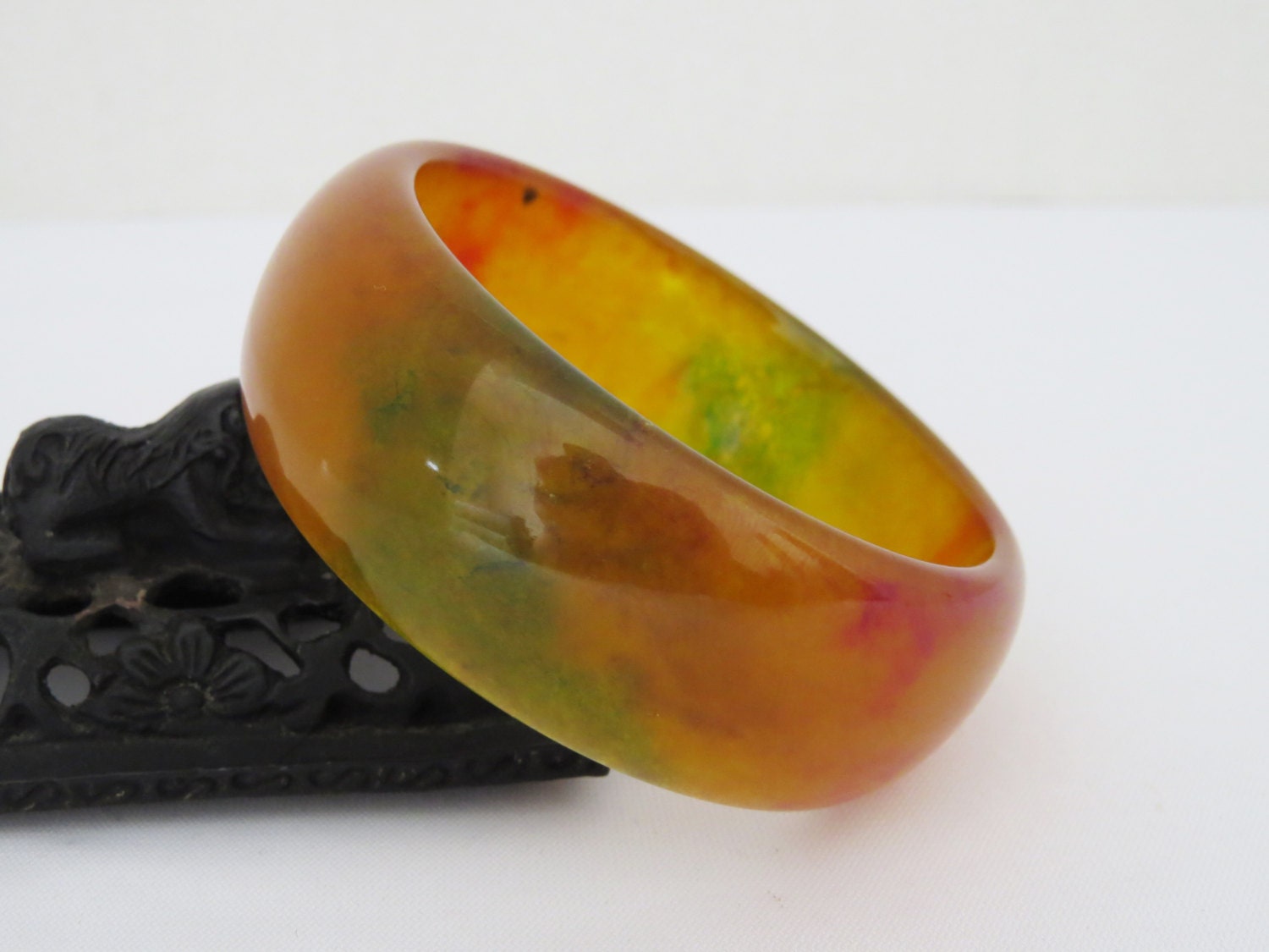 SALE Vintage Natural Yellow Green Red Jade Jadeite Wide Bangle