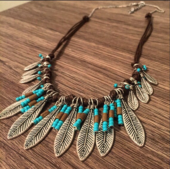 Feather Turquoise Statement Necklace Native Necklace Turquoise