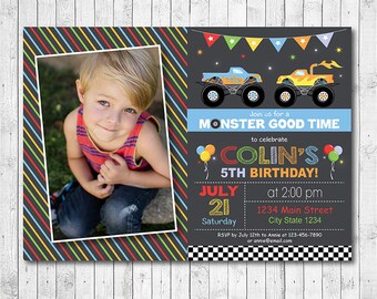 Monster Truck Invitation, Monster truck invite, monster truck birthday, monster truck party, Photo Invitation, Printable