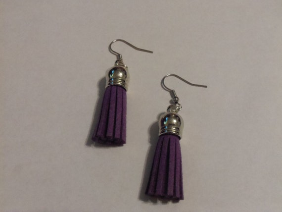Purpletassel earrings, purple suede tassel earrings, purple dangle earrings, tassel jewelry, handmade jewelry, gifts for her, suede earrings