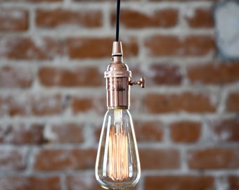 Free Shipping! Industrial Plug In Pendant Light Copper Bare Bulb Socket Edison Bulb with Plug or Canopy Rayon Cloth Covered Wire