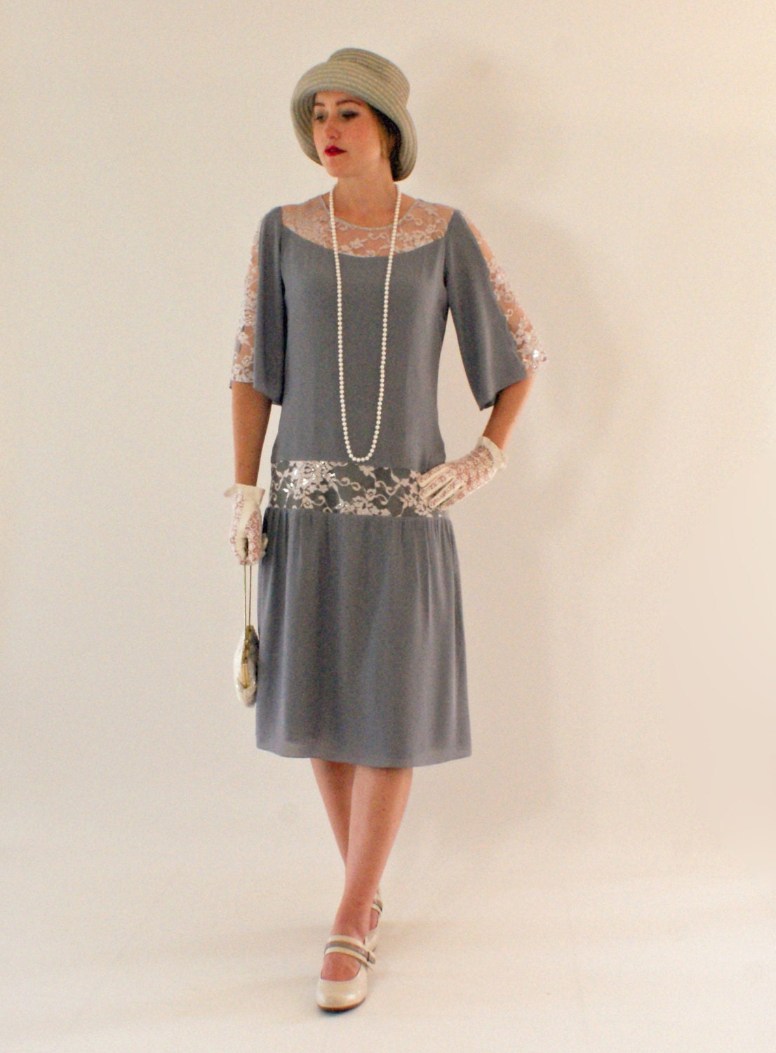 Grey Great Gatsby Dress With Elbow Length Sleeves 1920s